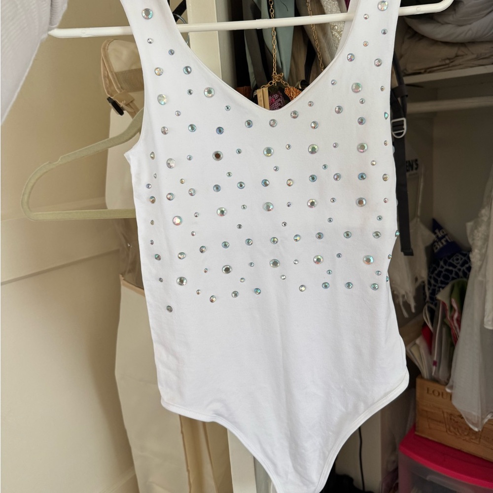 Bachelorette White Bedazzled Bodysuit w/ Gem Accents Size S